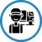 Man smiling in front of a truck in a blue circle