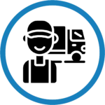Man smiling in front of a truck in a blue circle