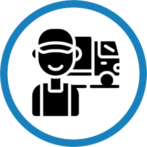 Man smiling in front of a truck in a blue circle