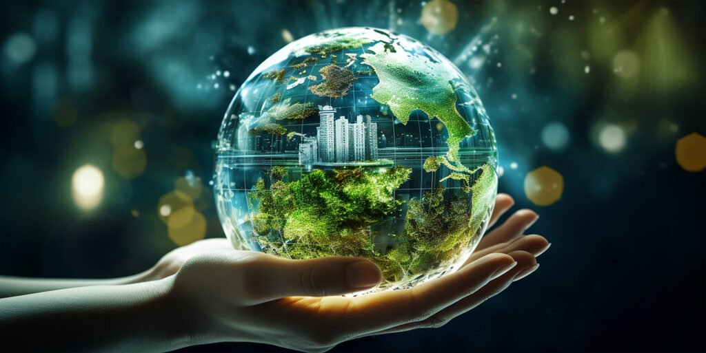 person holding globe with trees