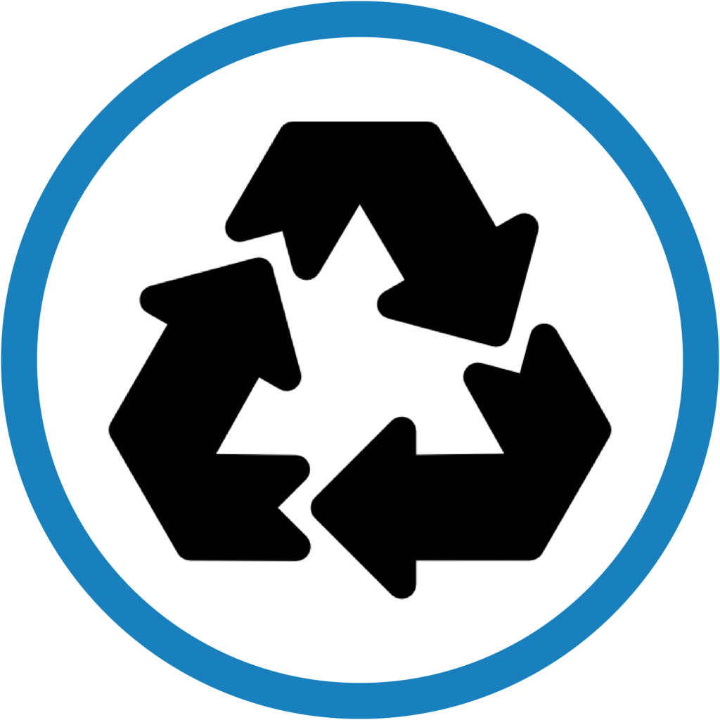 Recycling logo in a blue circle