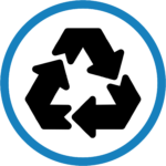 Recycling logo in a blue circle