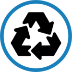 Recycling logo in a blue circle