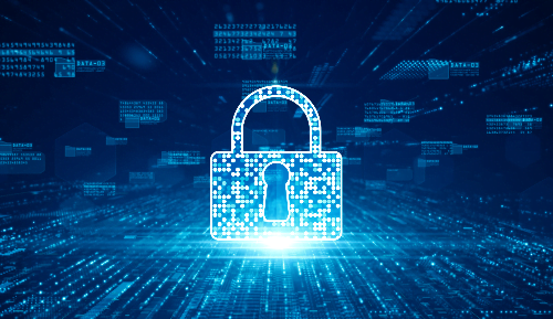 Blue lock for security with white light and files behind