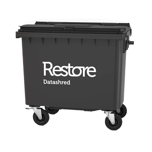 660-litre black shredding bin with the Restore Datashred logo