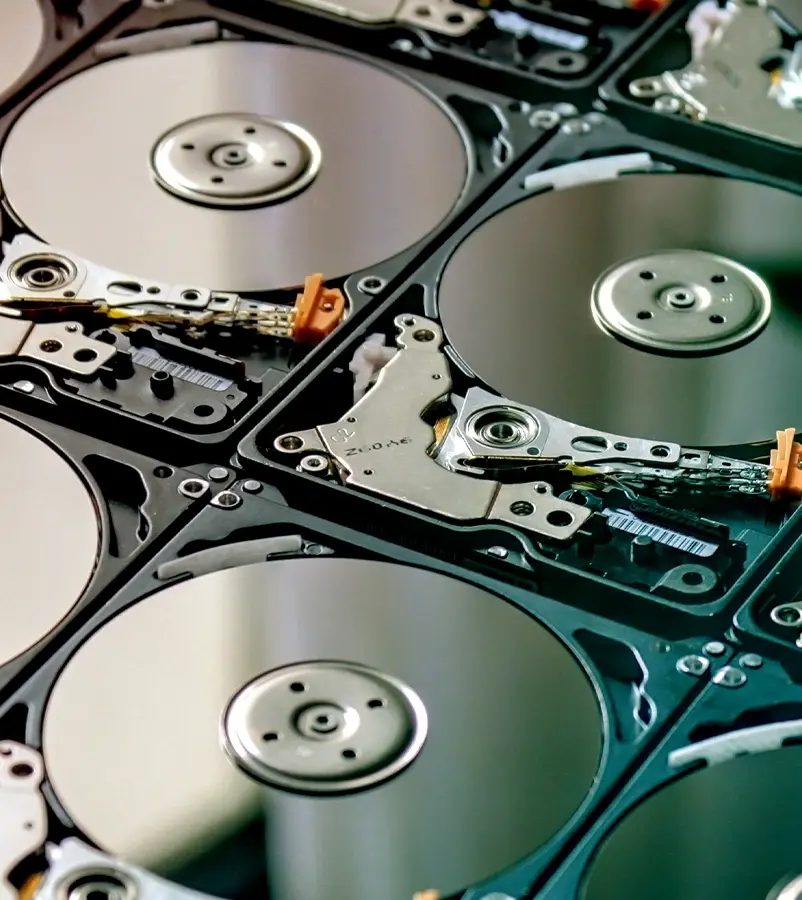 Close-up view of multiple exposed hard drive platters and read/write heads, symbolizing digital data storage.