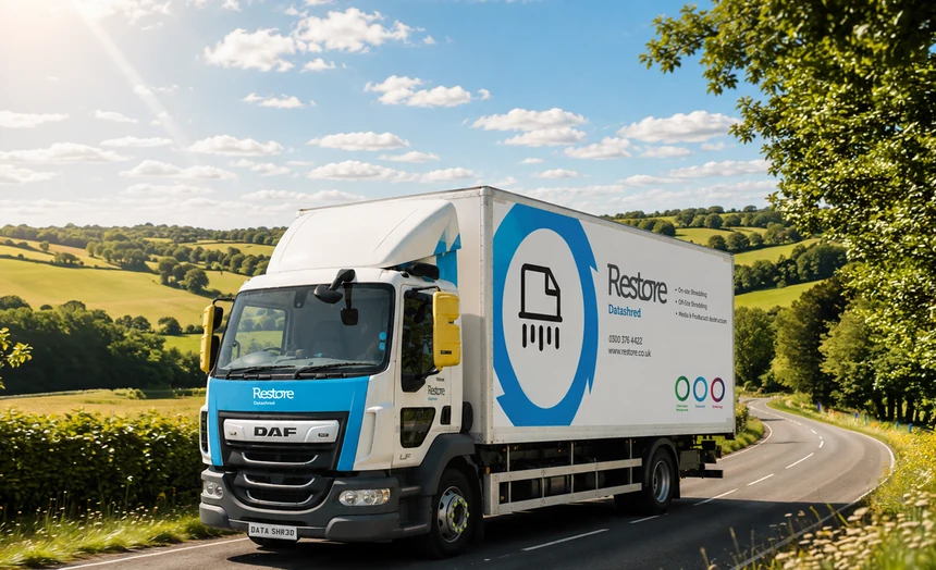 Restore Datashred shredding lorry travelling on a rural road