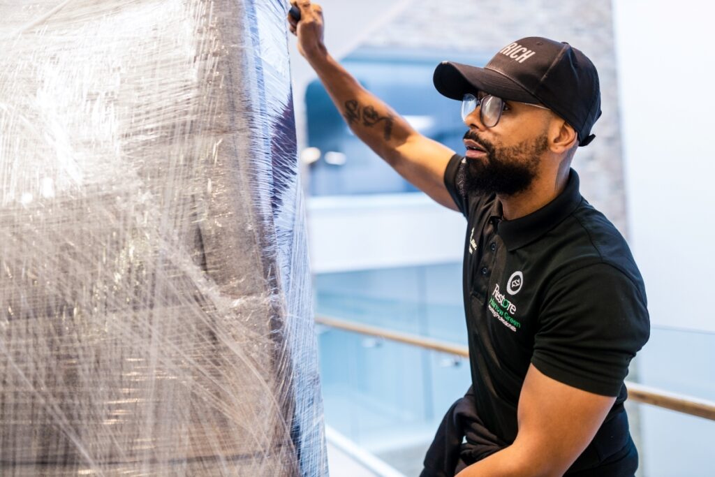 Man moving wrapped object