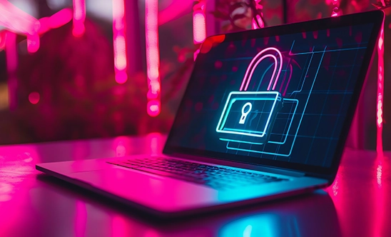 Laptop with a secure lock in blue and pink