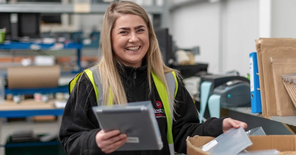 lady smiling with a box of document